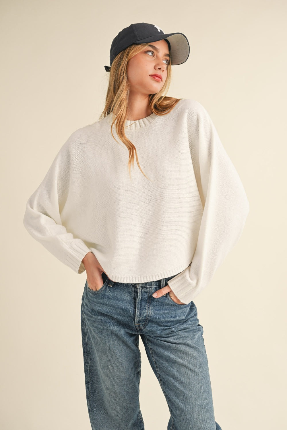 Long Dolman Sleeve Loose Crop Sweater in Off White – Off White outfit idea for women | Ro + Ivy