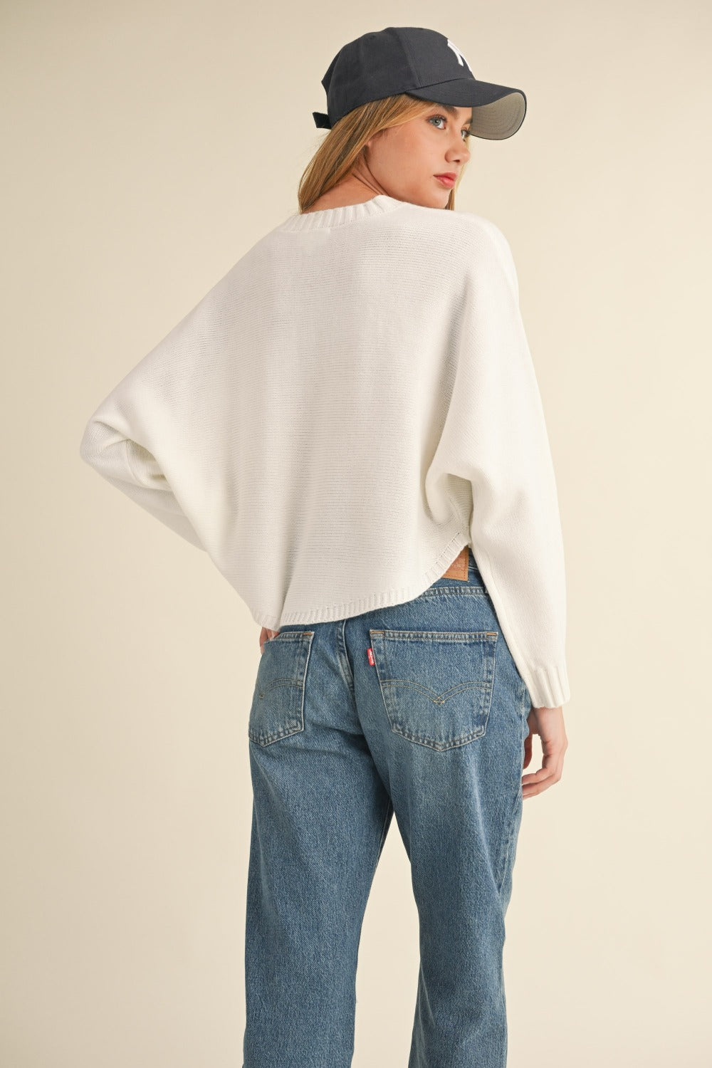 Long Dolman Sleeve Loose Crop Sweater in Off White – outfit idea for women | Ro + Ivy
