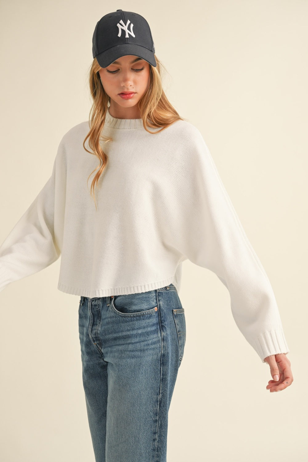 Long Dolman Sleeve Loose Crop Sweater in Off White – outfit idea for women | Ro + Ivy