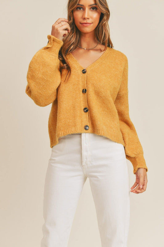 Long Sleeve Button Down Sweater Cardigan in Mustard – Mustard outfit idea for women | Ro + Ivy