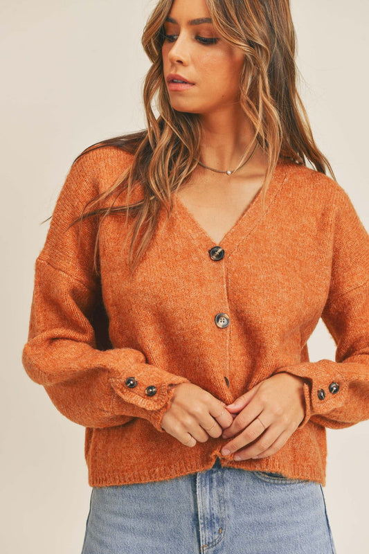 Long Sleeve Button Down Sweater Cardigan in Rust – Rust outfit idea for women | Ro + Ivy