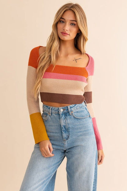 Long Sleeve Color Block Square Neck Knit Top - Ro + Ivy