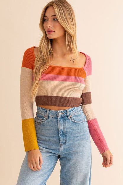 Long Sleeve Color Block Square Neck Knit Top - Ro + Ivy