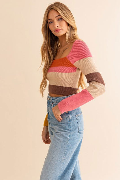 Long Sleeve Color Block Square Neck Knit Top - Ro + Ivy