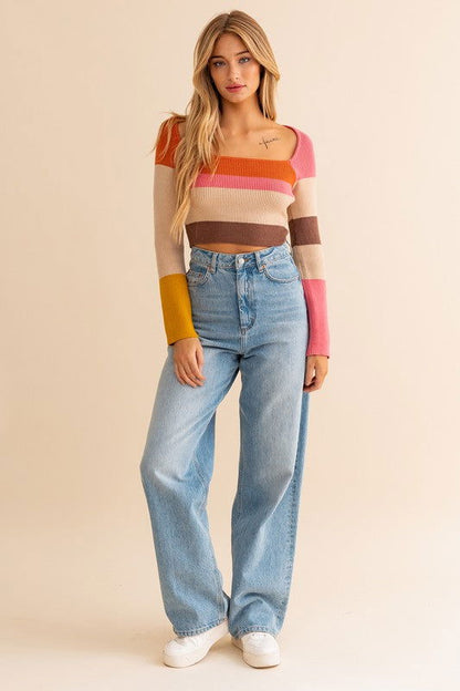 Long Sleeve Color Block Square Neck Knit Top - Ro + Ivy