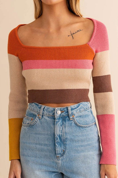 Long Sleeve Color Block Square Neck Knit Top - Ro + Ivy
