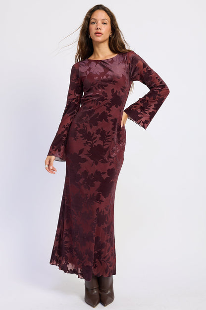 Long-Sleeve Maxi Dress with Open Back Wine