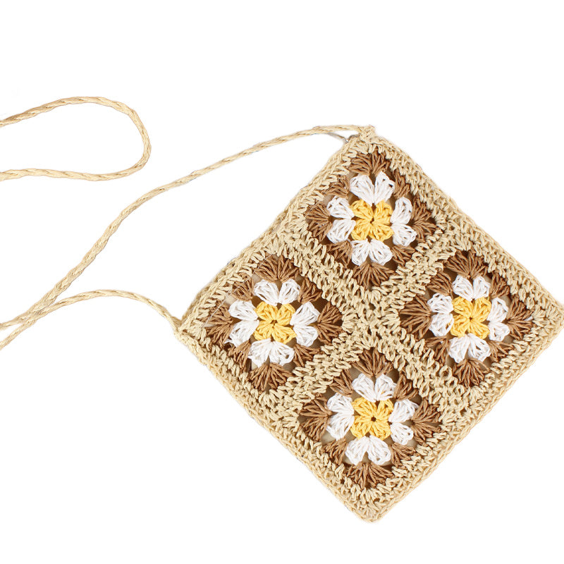 Crochet Woven Straw Fixed Strap Crossbody Bag — Boho Casual Everyday Style - Mocha