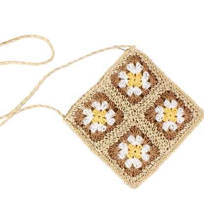 Crochet Woven Straw Fixed Strap Crossbody Bag — Boho Casual Everyday Style - Mocha