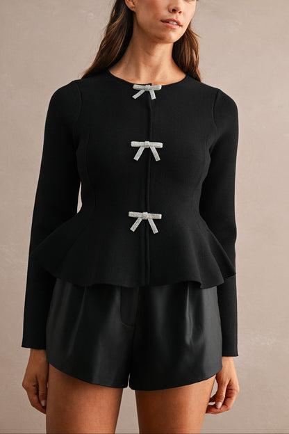 Long Sleeve Peplum Top with Jeweled Bows Black