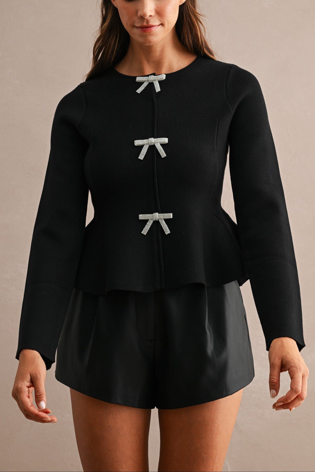 Long Sleeve Peplum Top with Jeweled Bows
