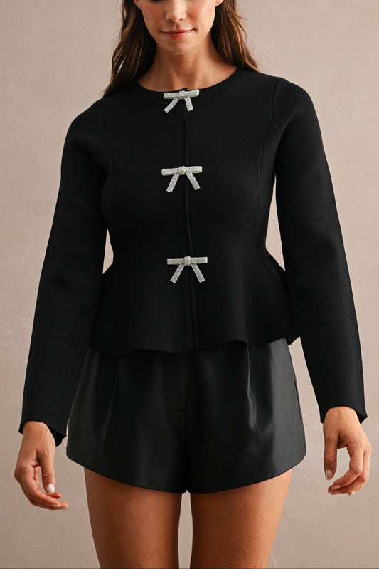 Long Sleeve Peplum Top with Jeweled Bows