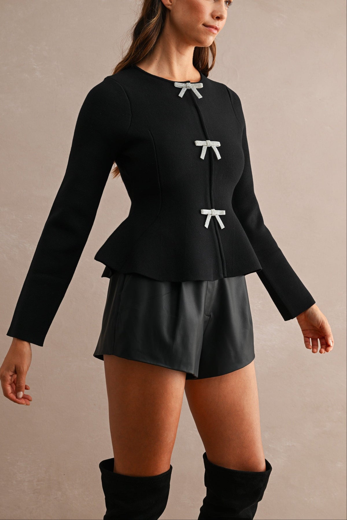 Long Sleeve Peplum Top with Jeweled Bows
