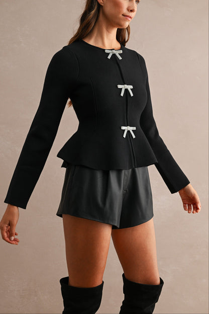 Long Sleeve Peplum Top with Jeweled Bows