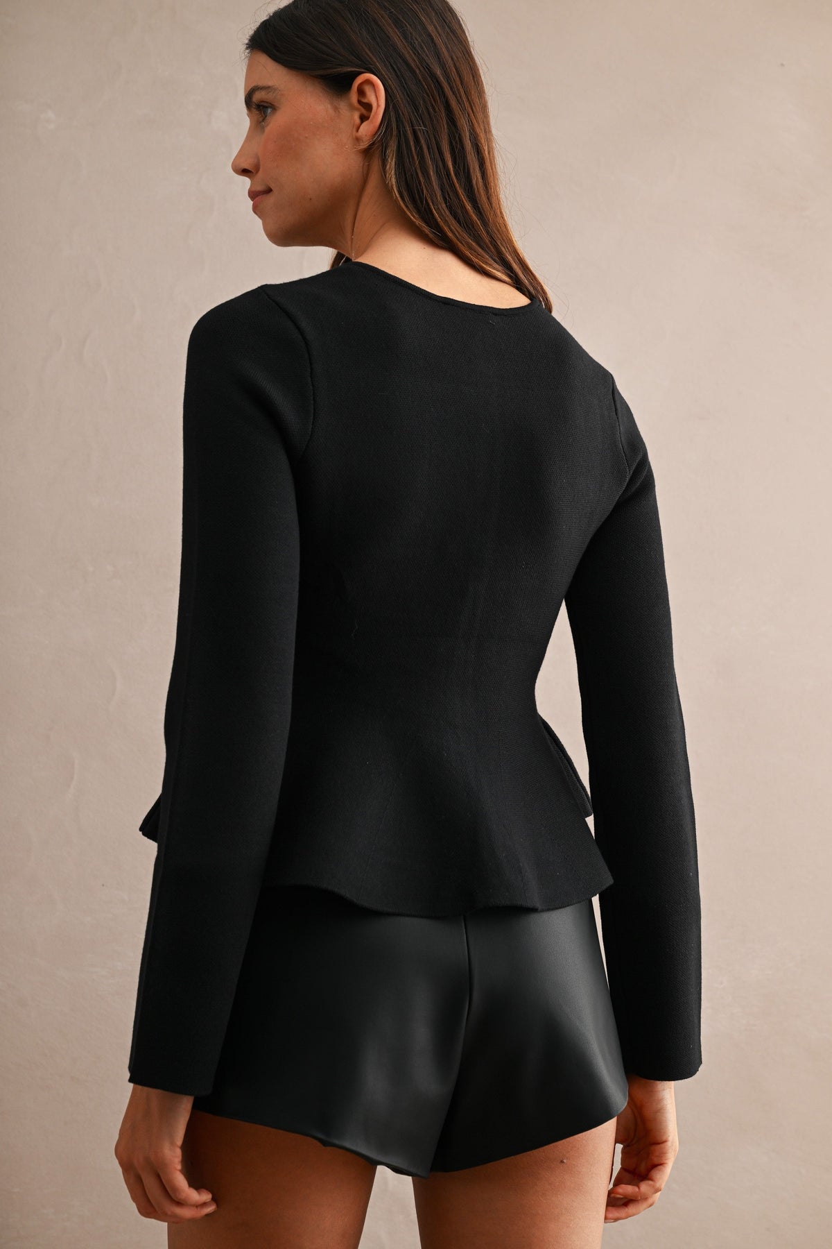 Long Sleeve Peplum Top with Jeweled Bows