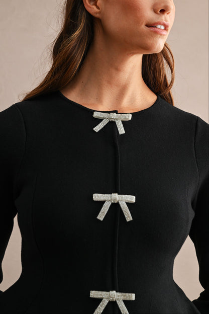 Long Sleeve Peplum Top with Jeweled Bows