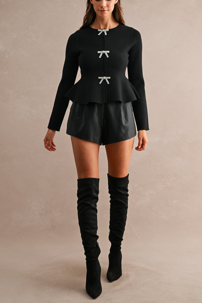 Long Sleeve Peplum Top with Jeweled Bows