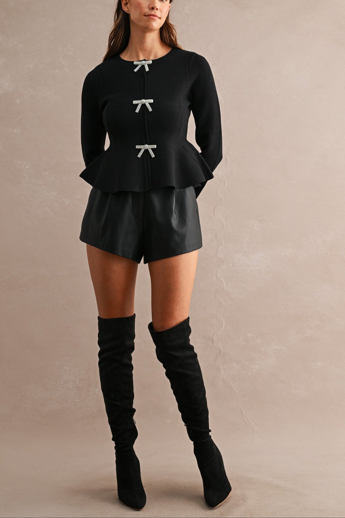 Long Sleeve Peplum Top with Jeweled Bows