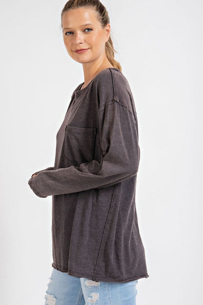Mineral Washed Round Neckline Long Sleeve Women's Top | Knit Tops | Ro + Ivy
