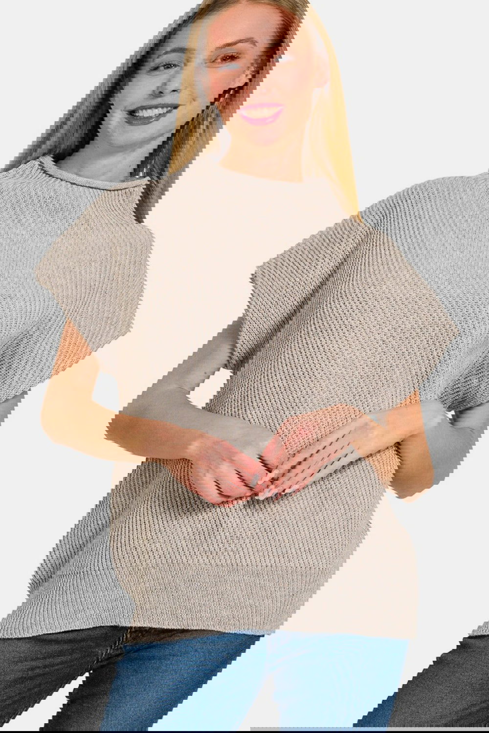 Minimalist Short Sleeve Mock Neck Sweater Top in Mocha – H Mocha outfit idea for women | Ro + Ivy