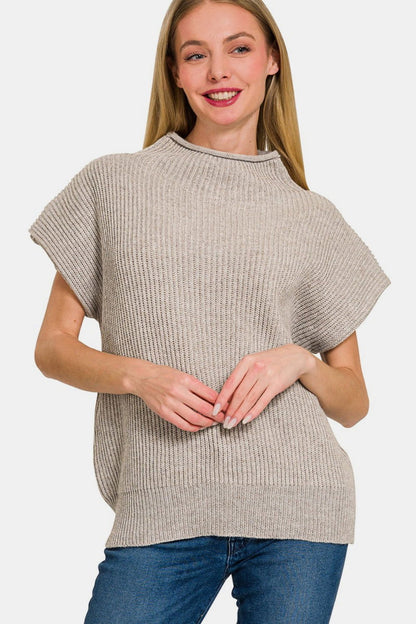 Minimalist Short Sleeve Mock Neck Sweater Top in Mocha – H Mocha outfit idea for women | Ro + Ivy