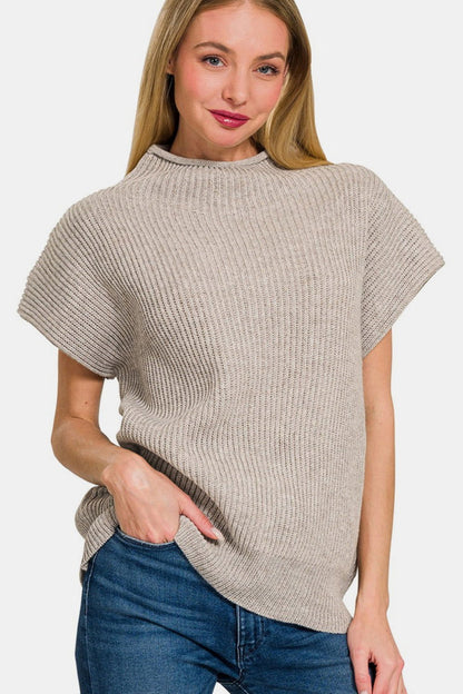 Minimalist Short Sleeve Mock Neck Sweater Top in Mocha – outfit idea for women | Ro + Ivy