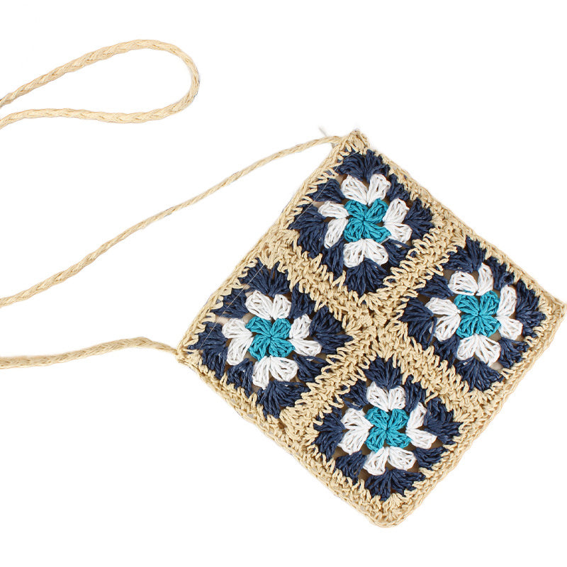 Crochet Woven Straw Fixed Strap Crossbody Bag — Boho Casual Everyday Style - Navy