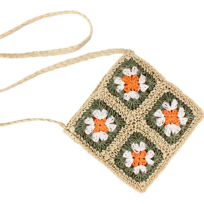 Crochet Woven Straw Fixed Strap Crossbody Bag — Boho Casual Everyday Style - Olive