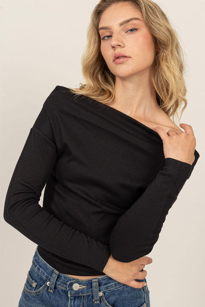 Off Shoulder Ribbed Knit Top – Black outfit idea for women | Ro + Ivy