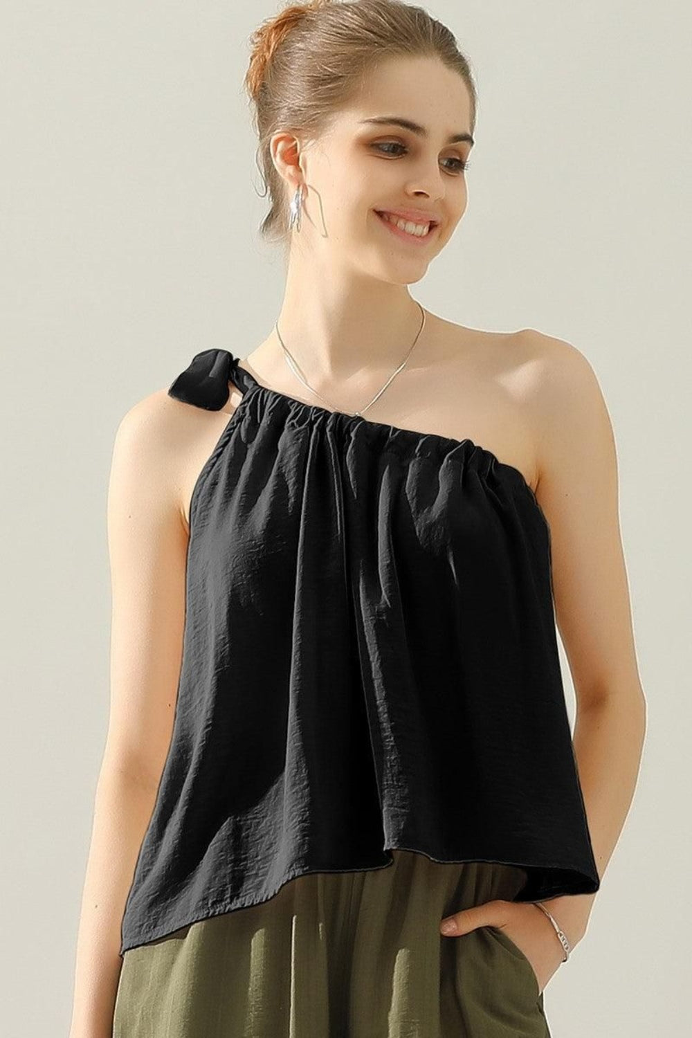 One Shoulder Bow Tie Strap Satin Silk Top for Women | Blouse | Ro + Ivy