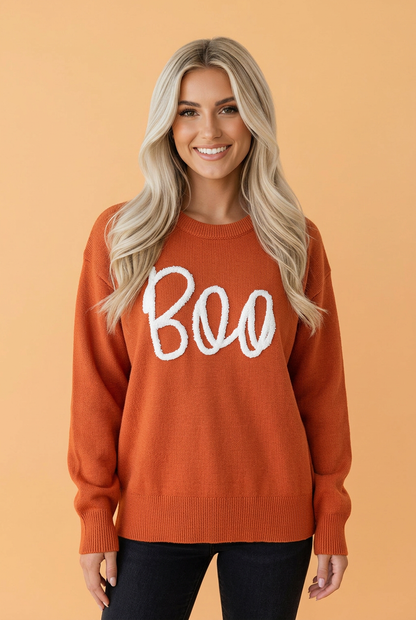 Halloween Boo Crew Neck Drop Shoulder Sweater Orange