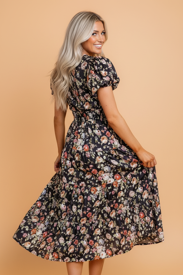 Floral V-Neck Puff Sleeve Maxi Dress