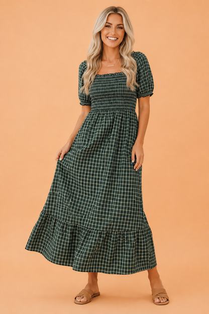 Green Plaid Shirred Bodice Ruffle Hem Maxi Dress Green