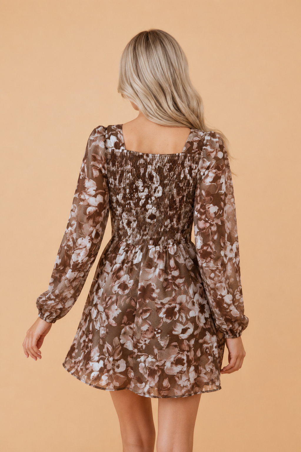 Square Neck Floral Smocked Long Sleeve Mini Dress