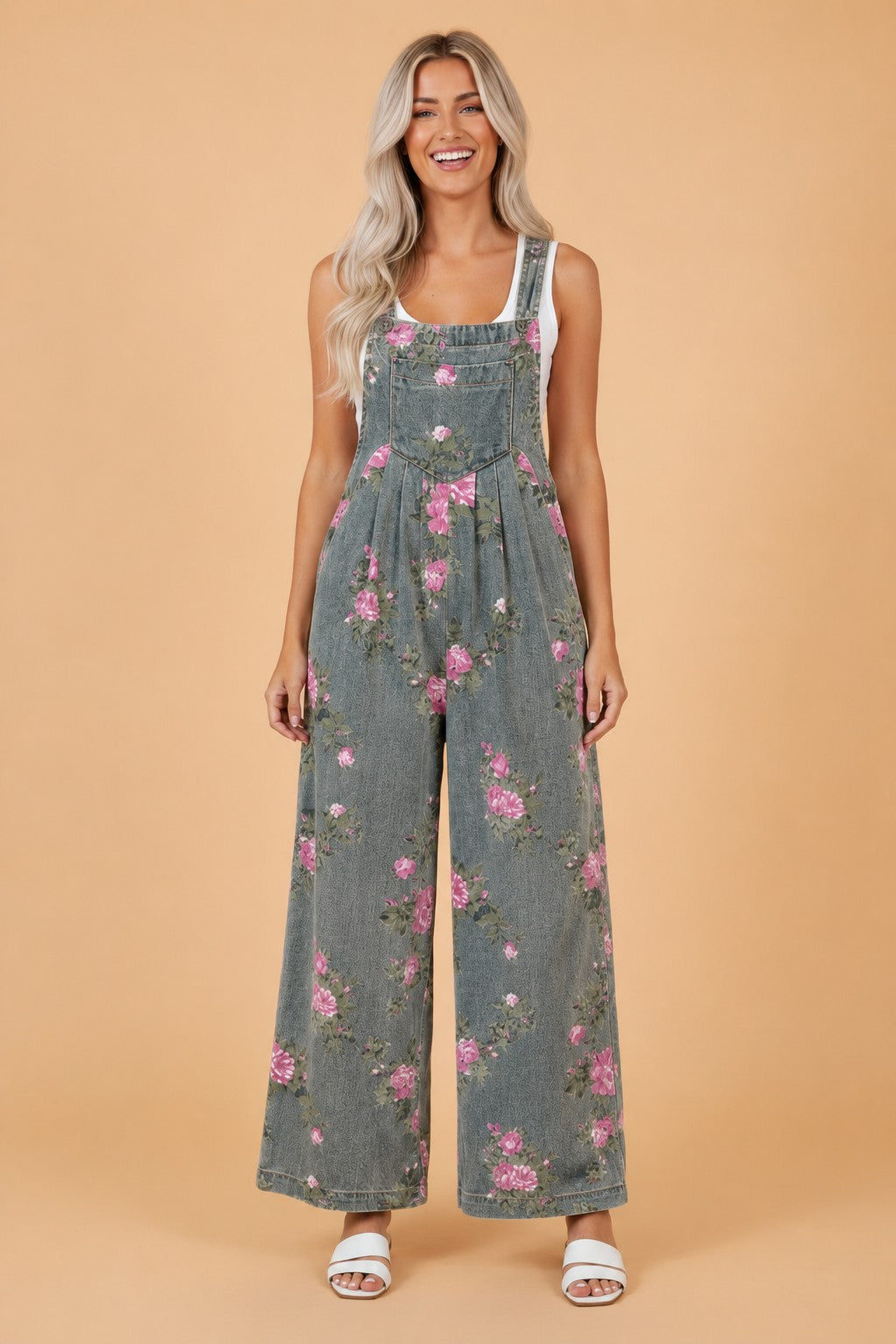 Floral Pleated High Waist Washed Denim Wide Leg Overalls — Retro Vintage Everyday Style - Gray Bottoms/Jumpsuits & Rompers