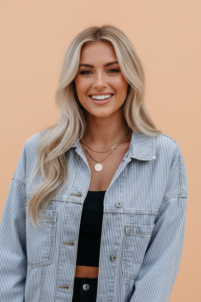 Striped Washed Denim Chest Pocket Oversized Vintage Jacket — Laid-Back Casual Style - Sky Blue Stripe Outerwear/Denim jackets