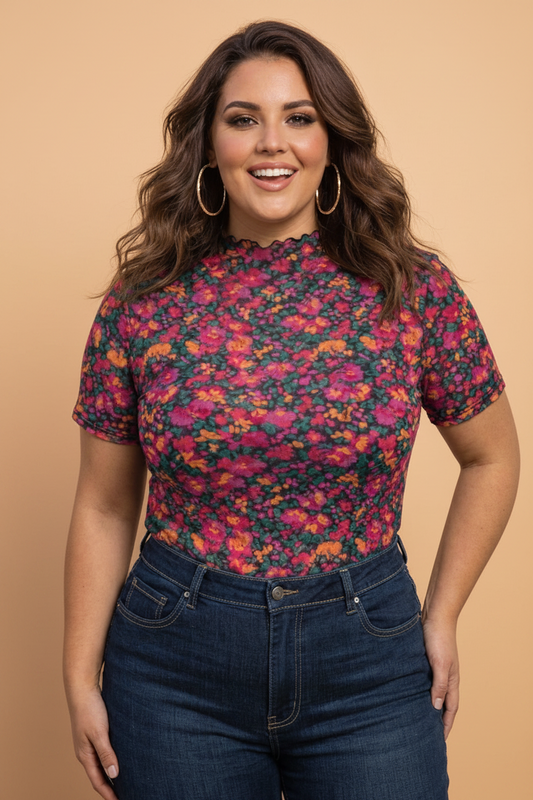 Plus Size Vintage Floral Mesh Sheer Short Sleeve Top Retro Feminine Layering Style - Rose Tops