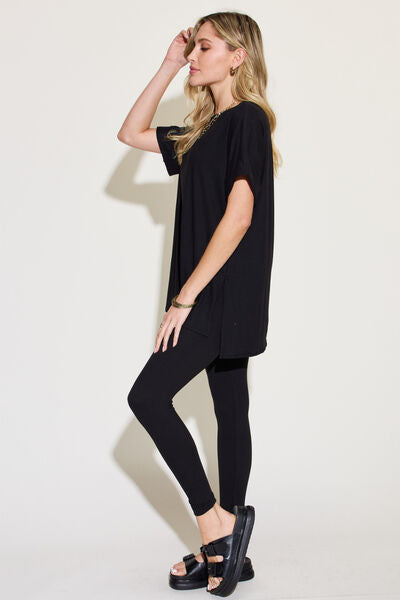 Plus Size Short Sleeve Slit T-Shirt and Leggings Lounge Set for Women | Loungewear Set | Ro + Ivy