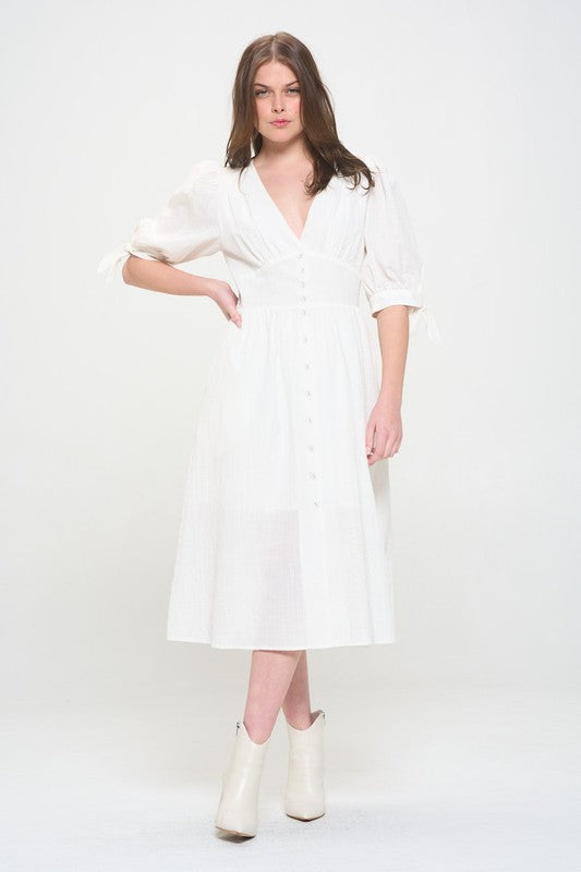 Plus 3/4 Puff Sleeve Button Down Midi Dress – OFF WHITE outfit idea for women | Ro + Ivy