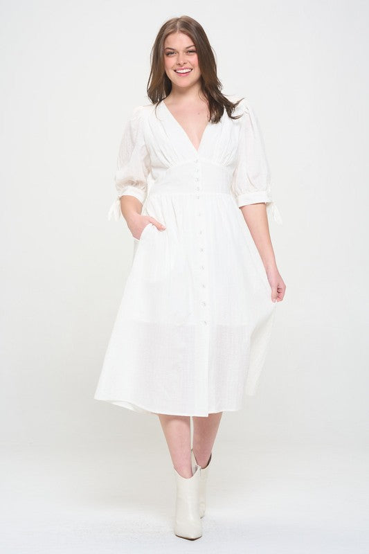 Plus 3/4 Puff Sleeve Button Down Midi Dress – outfit idea for women | Ro + Ivy