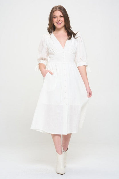 Plus 3/4 Puff Sleeve Button Down Midi Dress – outfit idea for women | Ro + Ivy