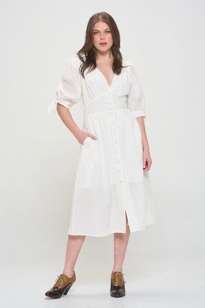 Plus 3/4 Puff Sleeve Button Down Midi Dress – outfit idea for women | Ro + Ivy