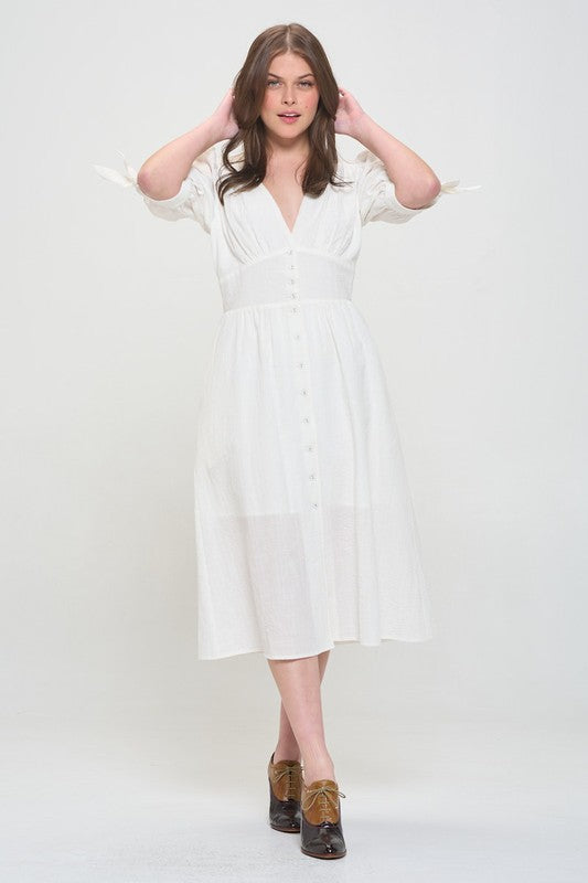 Plus 3/4 Puff Sleeve Button Down Midi Dress – outfit idea for women | Ro + Ivy