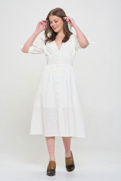 Plus 3/4 Puff Sleeve Button Down Midi Dress – outfit idea for women | Ro + Ivy
