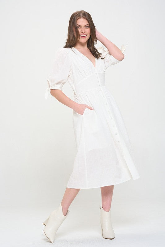 Plus 3/4 Puff Sleeve Button Down Midi Dress – outfit idea for women | Ro + Ivy