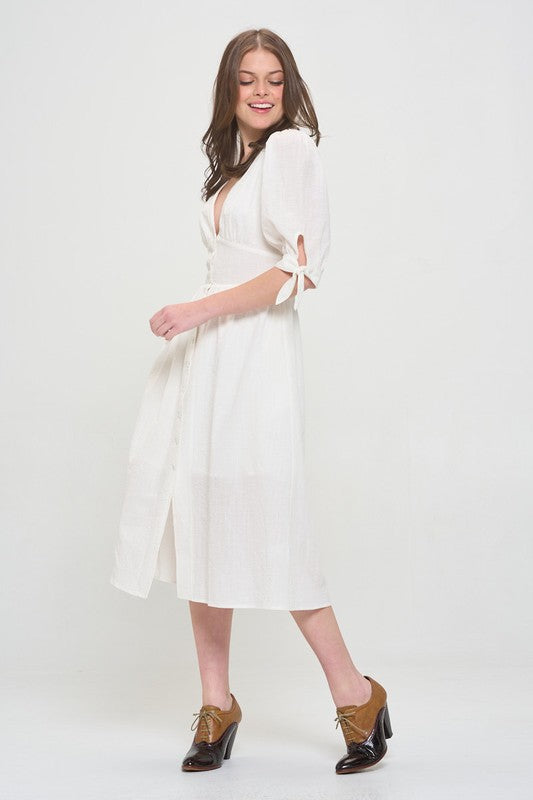 Plus 3/4 Puff Sleeve Button Down Midi Dress – outfit idea for women | Ro + Ivy