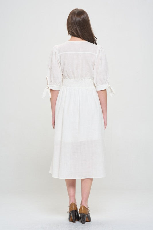 Plus 3/4 Puff Sleeve Button Down Midi Dress – outfit idea for women | Ro + Ivy