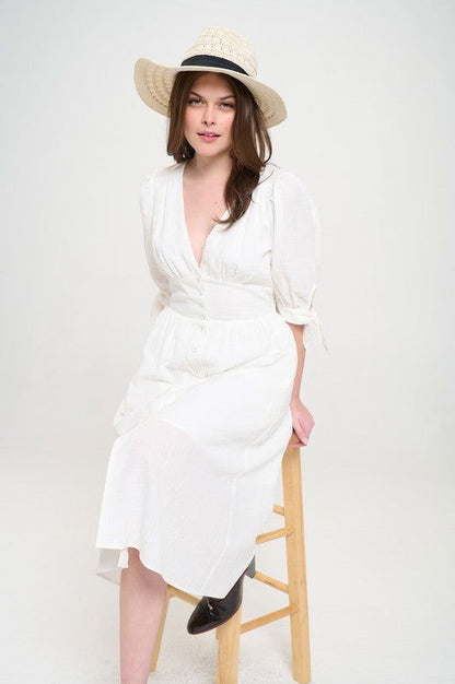 Plus 3/4 Puff Sleeve Button Down Midi Dress – outfit idea for women | Ro + Ivy
