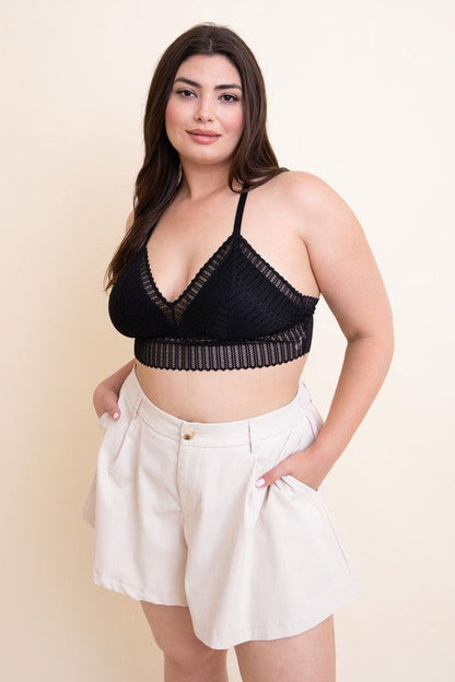 Plus Size Ribbed Lace Boho Racerback Bralette - Ro + Ivy
