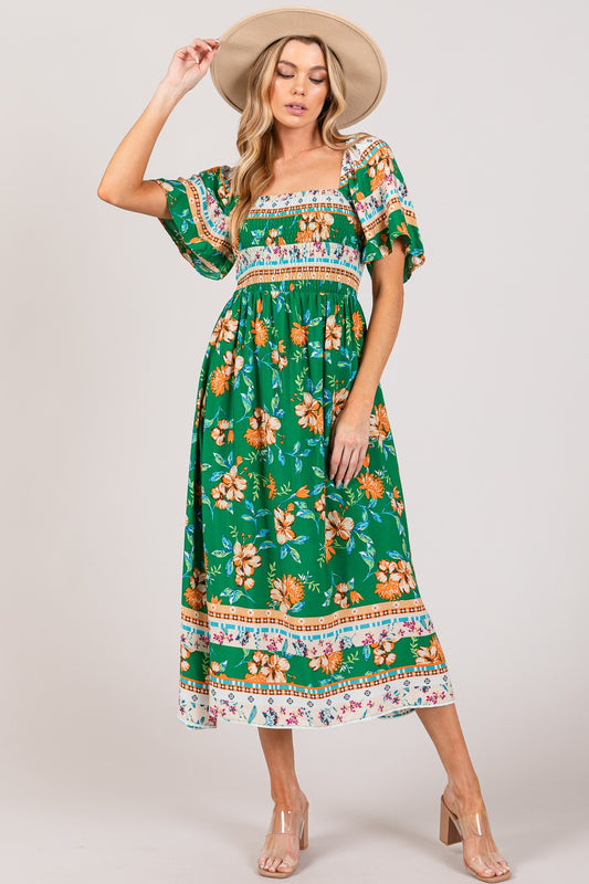 Printed Smocked Short Sleeve Midi Dress for Women | Midi Dress | Ro + Ivy